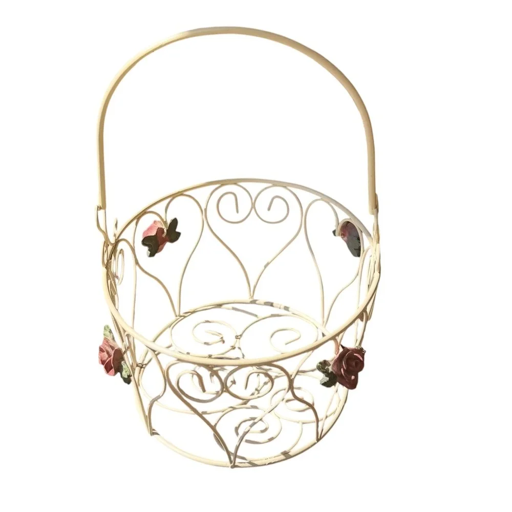 Vintage Style Cream Metal Wire Basket Roses Hearts Shabby Chic Cottage Decor
